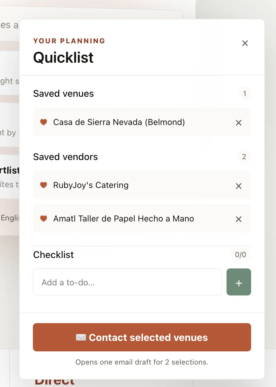 Quicklist con lugares, proveedores y tareas guardadas