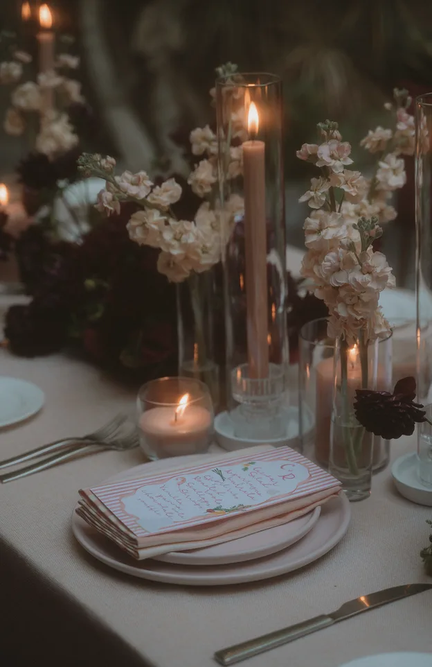 Lugar de mesa para boda iluminado con velas, arreglos florales y menú escrito a mano