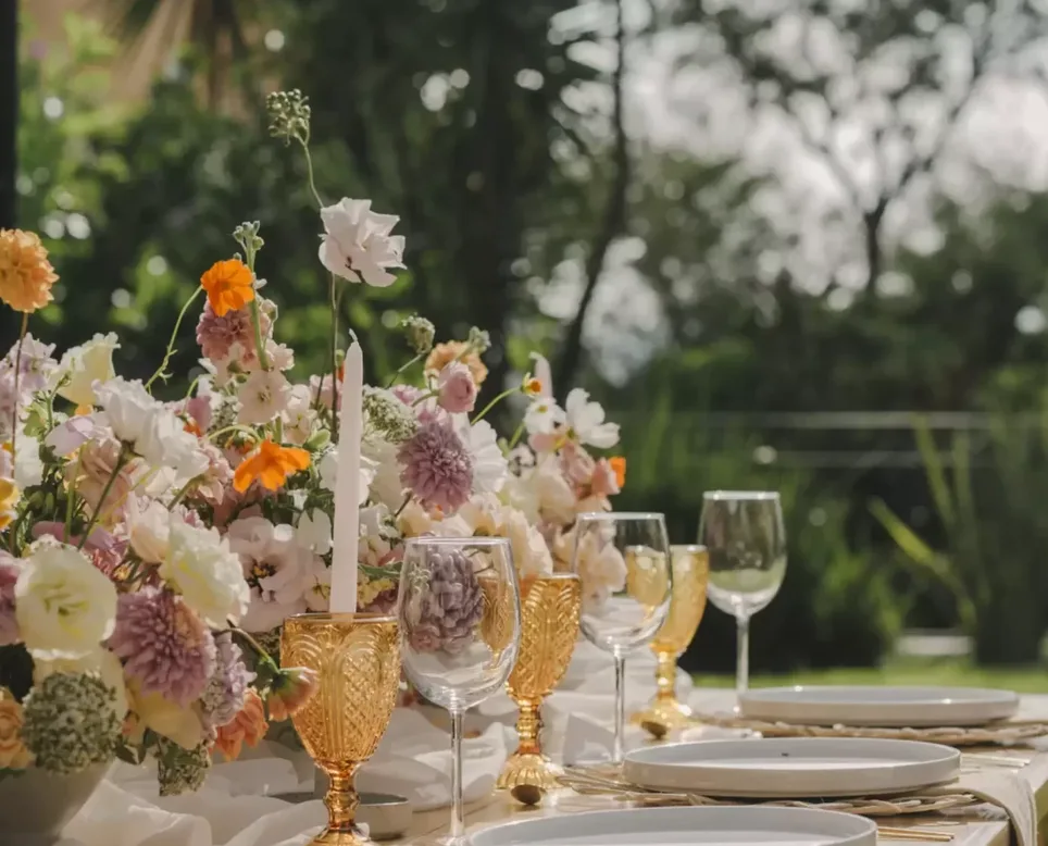 Elegante mesa de boda al aire libre con flores pastel y cristalería ámbar de ZUMO