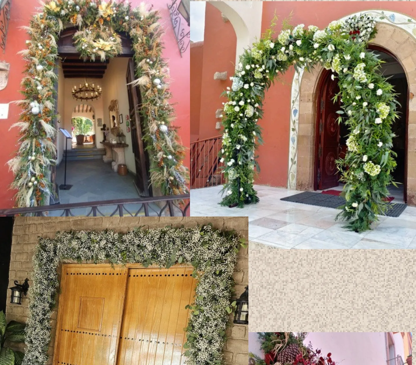 Instalaciones florales enmarcando accesos de recintos en San Miguel de Allende