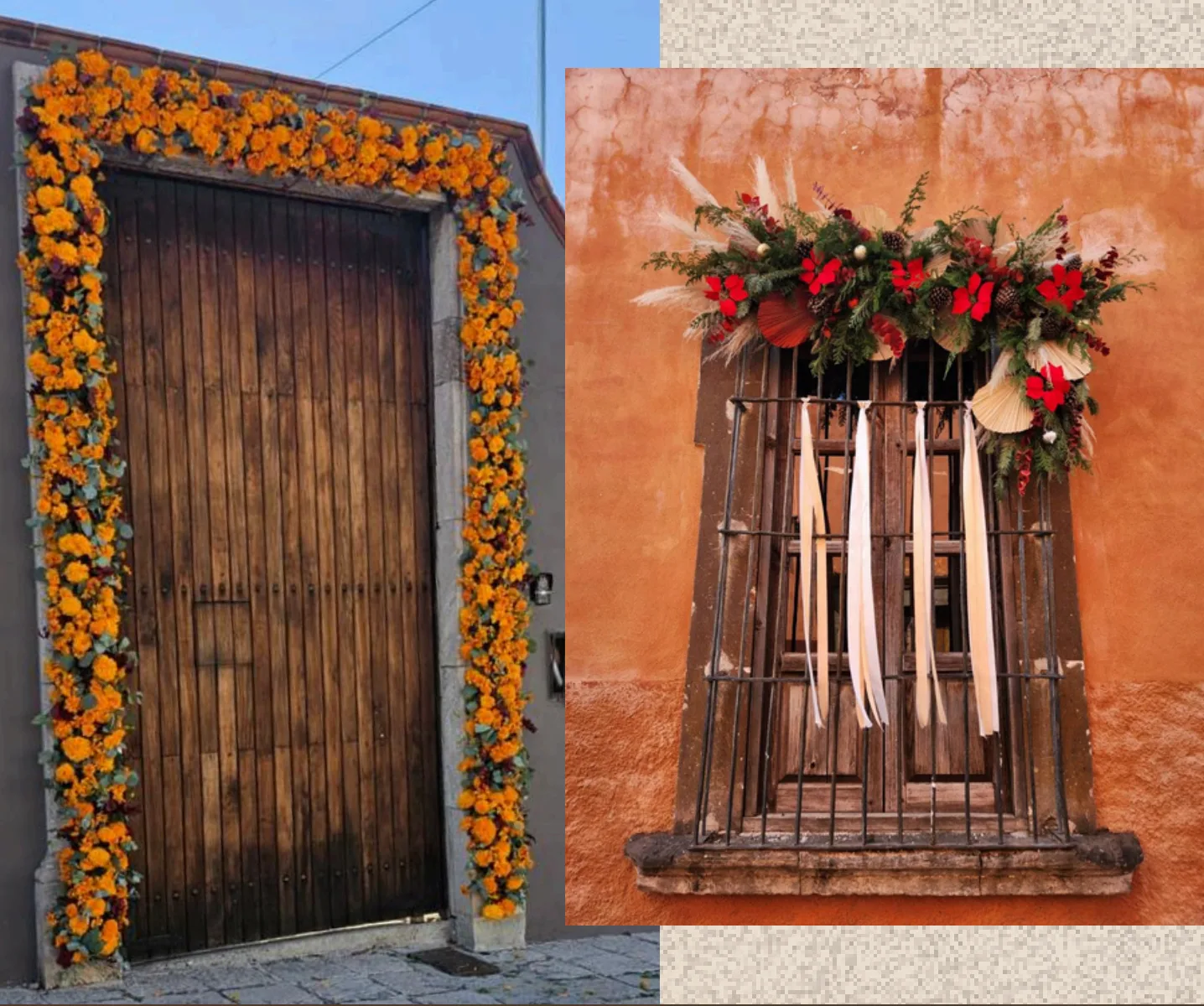 Puerta enmarcada con cempasúchil y arreglo floral festivo en una ventana de San Miguel de Allende