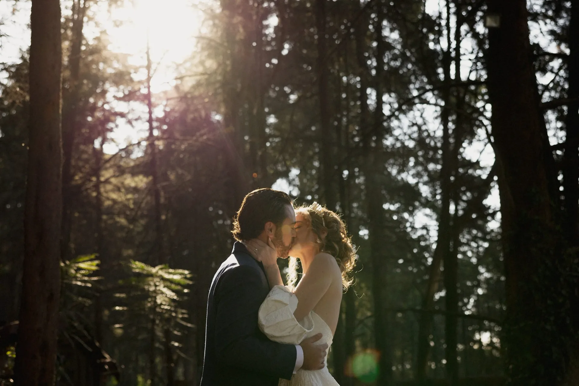 Retrato de una pareja de boda iluminado por el sol