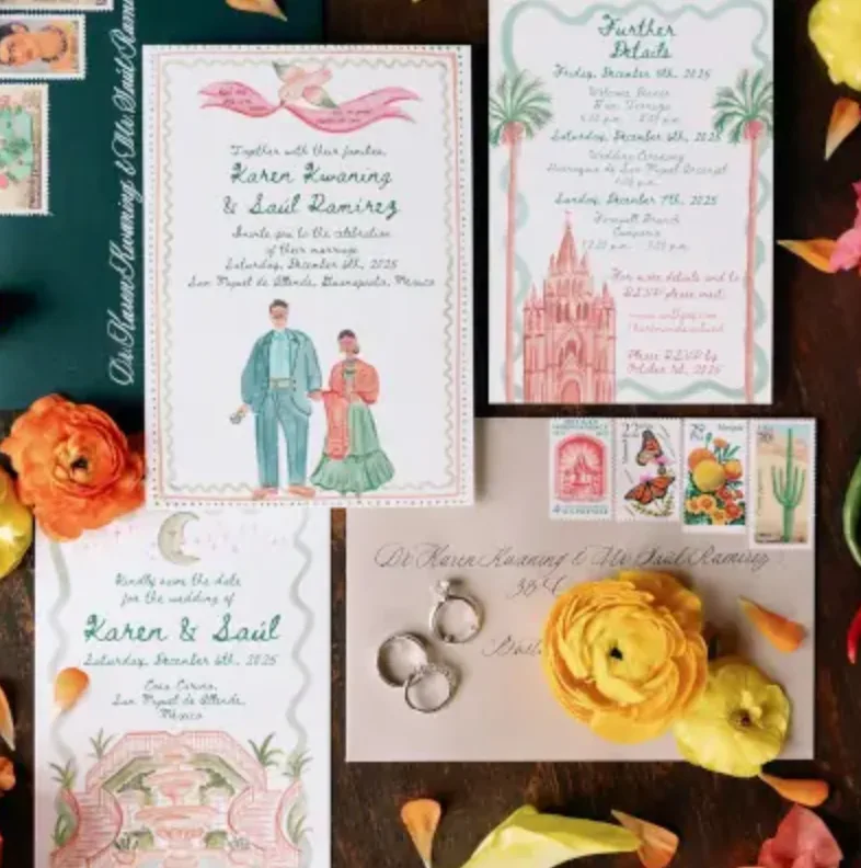 Papelería ilustrada de boda en San Miguel de Allende con flores, timbres y anillos