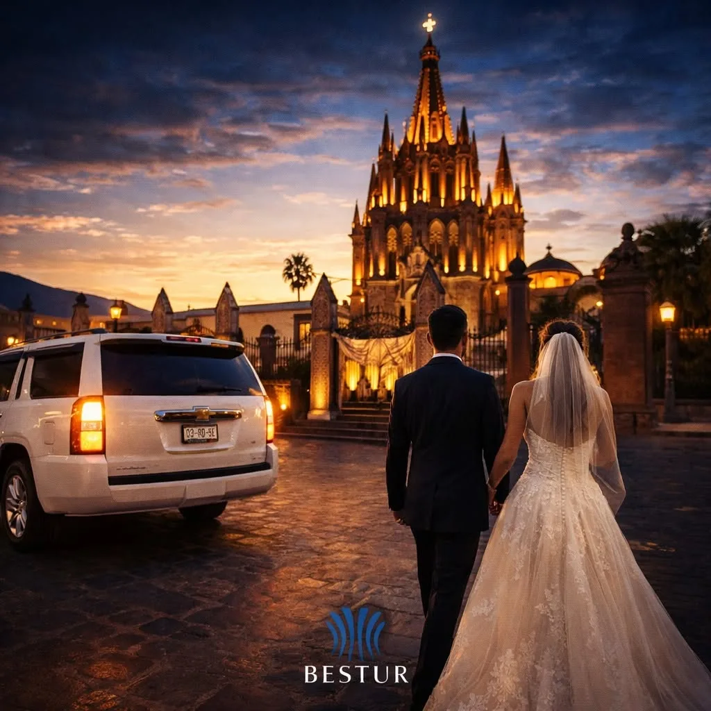 Pareja de boda junto a una SUV de lujo en San Miguel de Allende