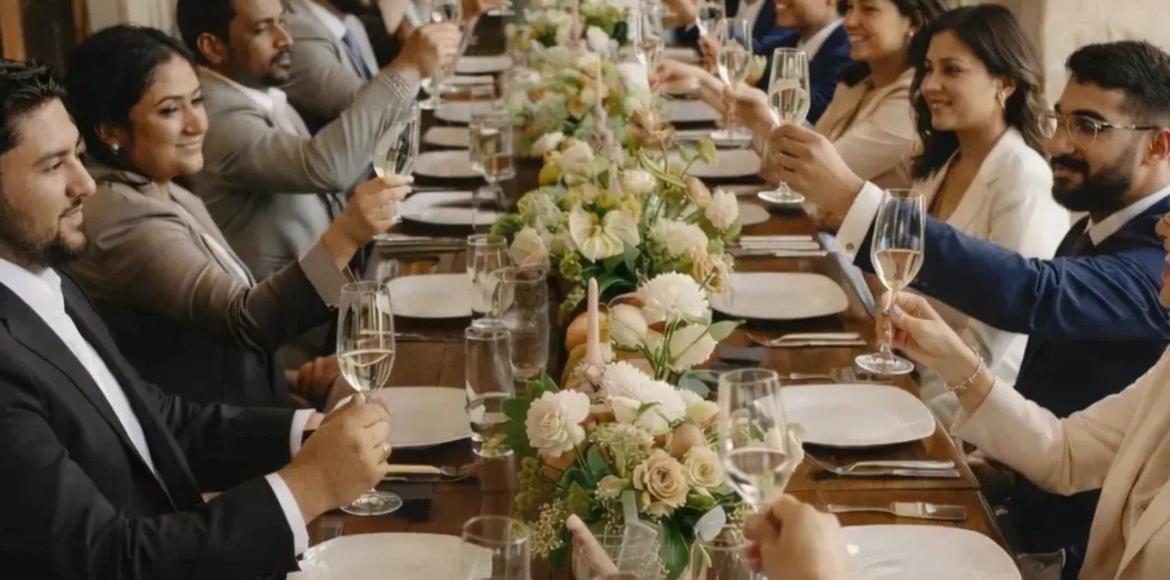 Invitados brindando alrededor de una mesa de recepción con flores