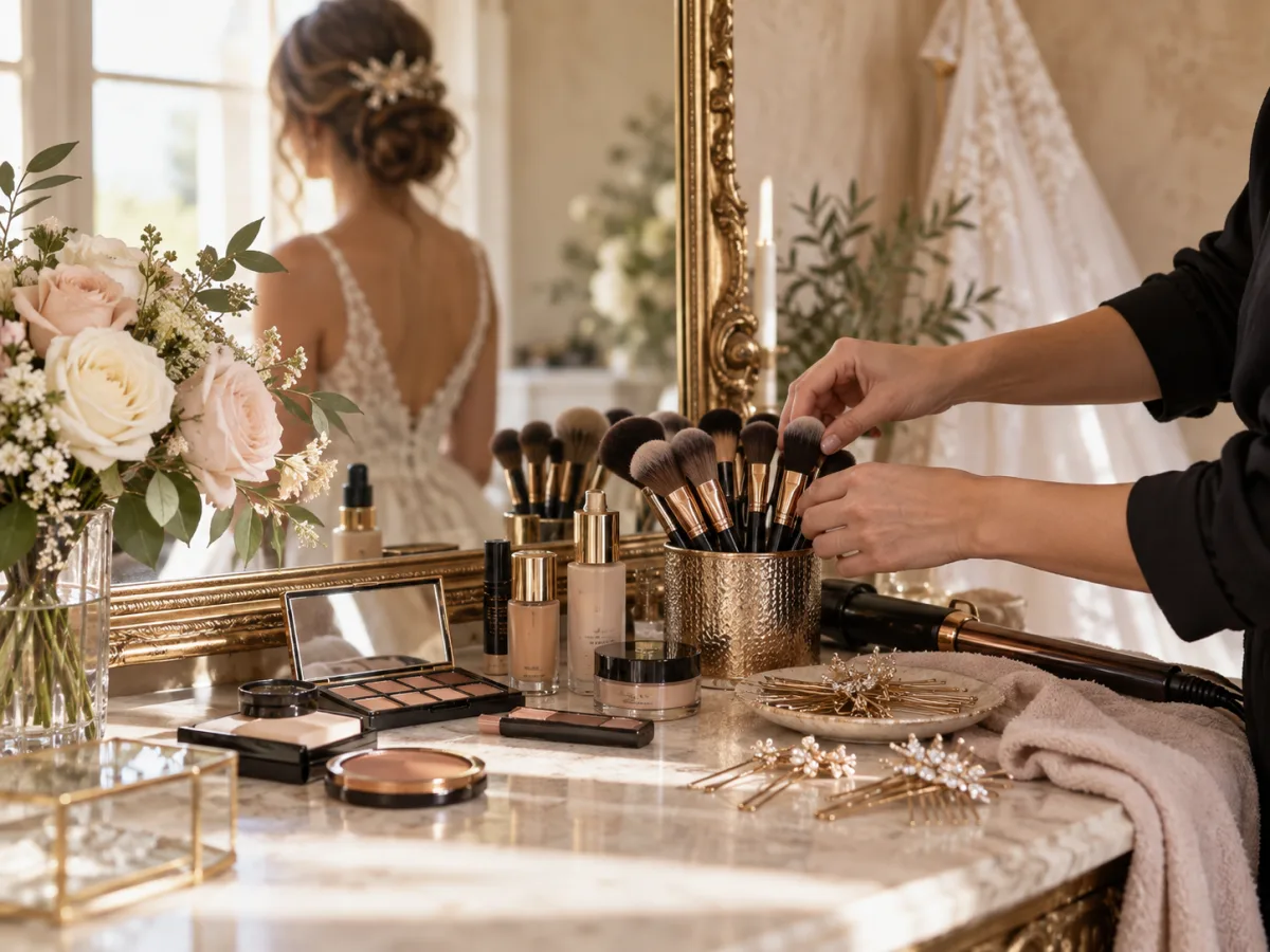 Imagen genérica de preparación de peinado y maquillaje para novia